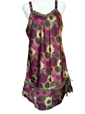 Chanteuse Intimates Satin Floral Slip Dress Ruffle Hem Bow Detail M